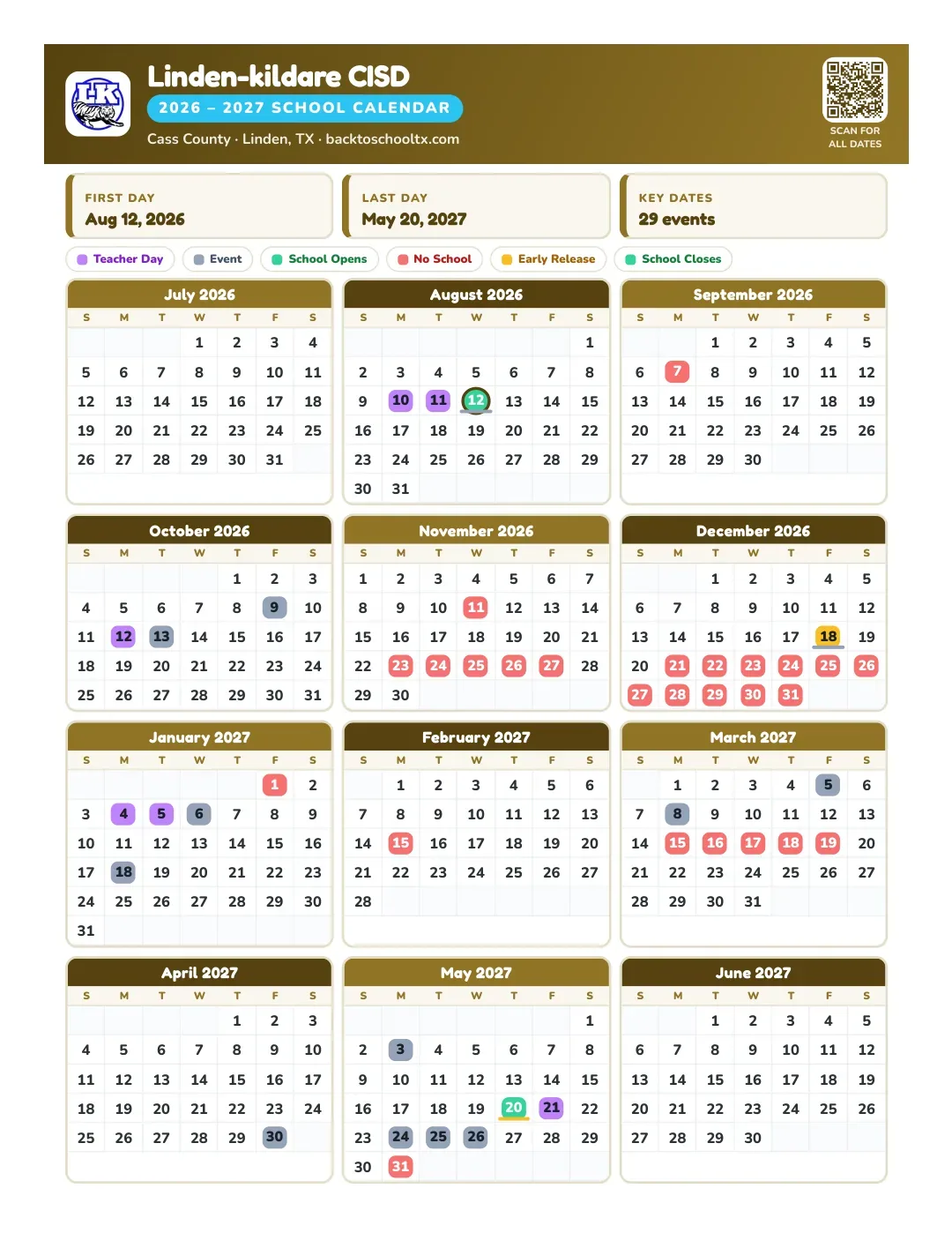 Linden-kildare CISD Calendar for the Year 26-27