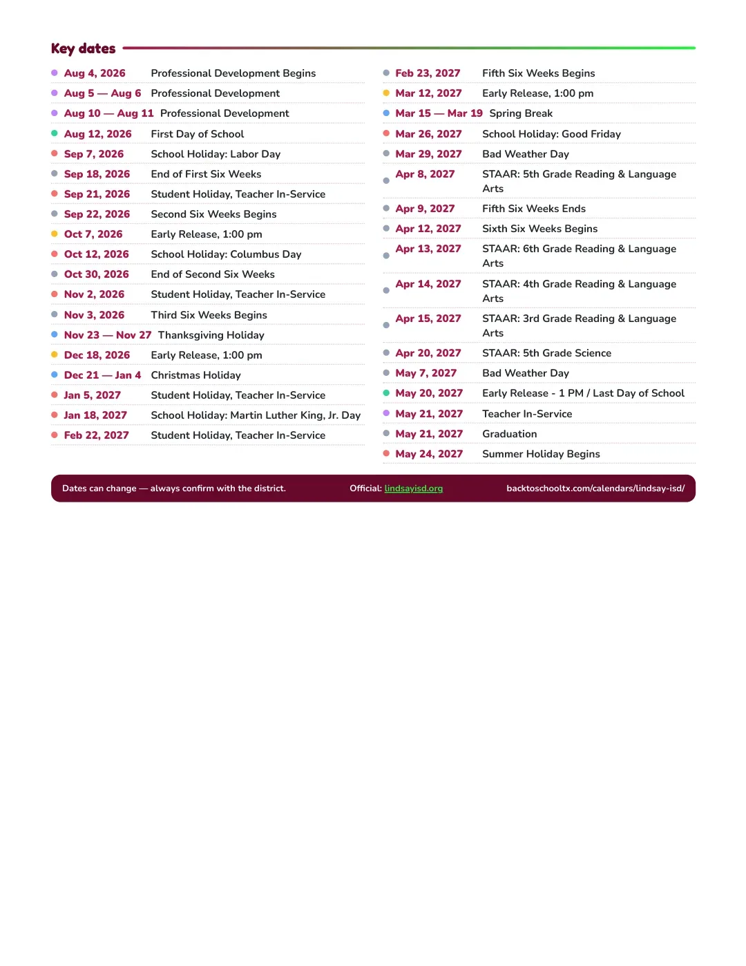 Lindsay ISD Calendar for the Year 26-27 — key dates