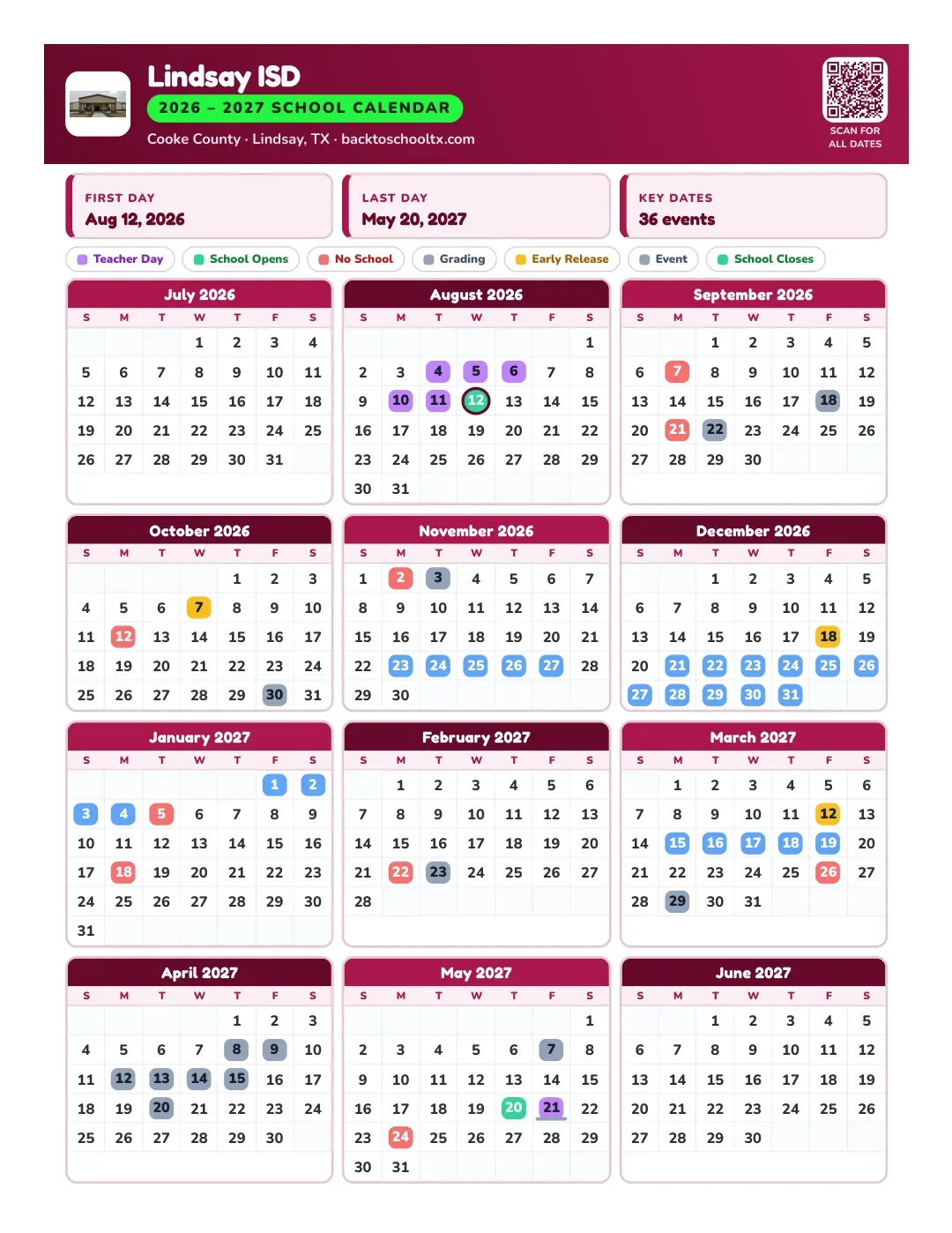Lindsay ISD Calendar for the Year 26-27