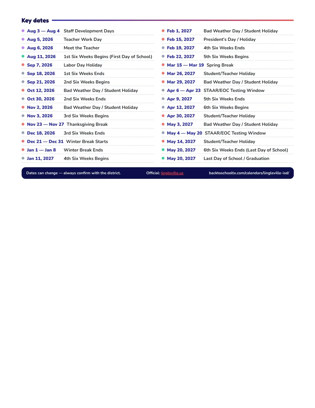 Lingleville ISD Calendar for the Year 26-27 — key dates
