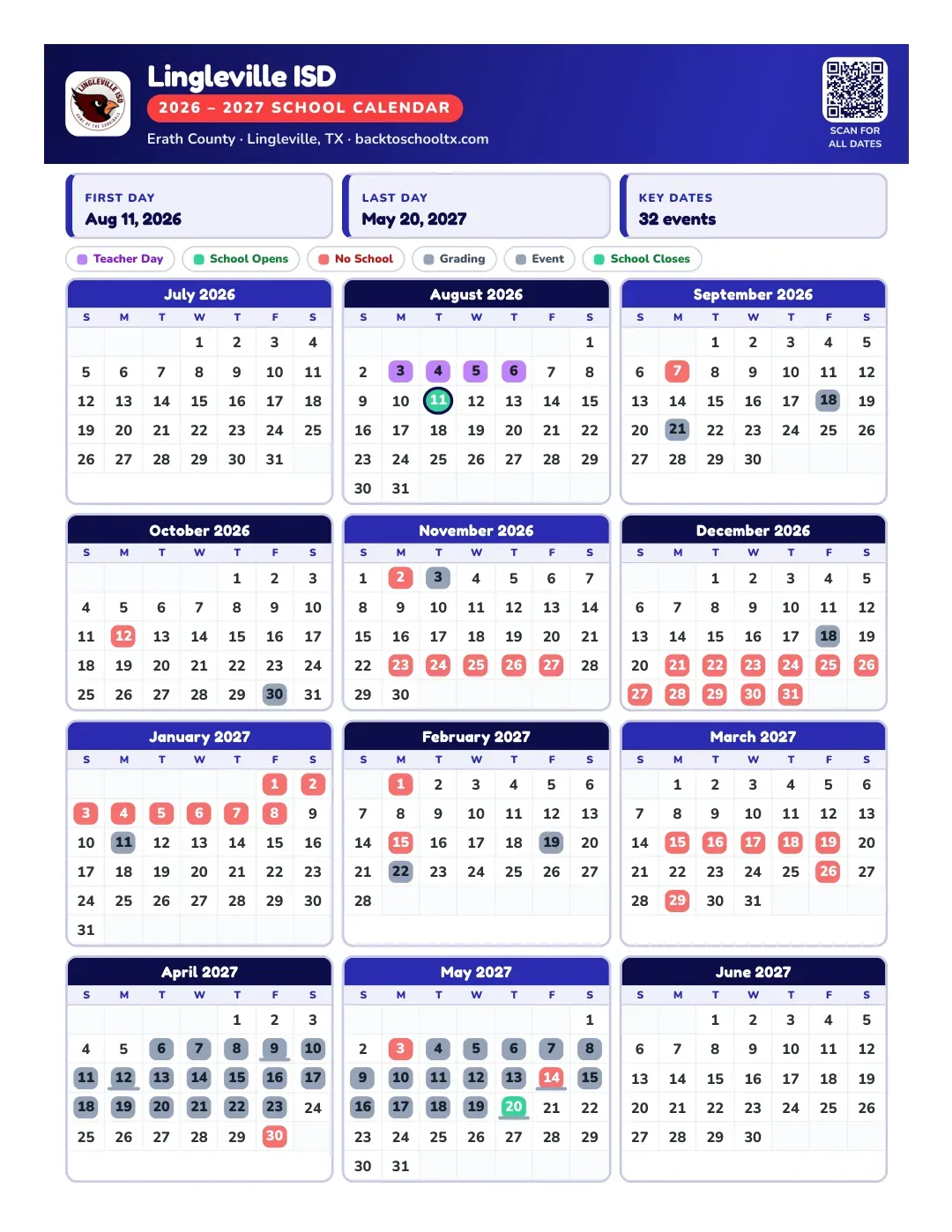 Lingleville ISD Calendar for the Year 26-27