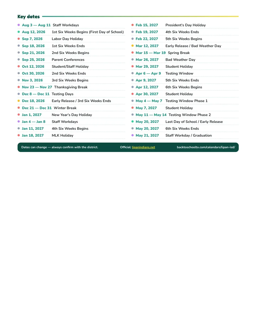 Lipan ISD Calendar for the Year 26-27 — key dates