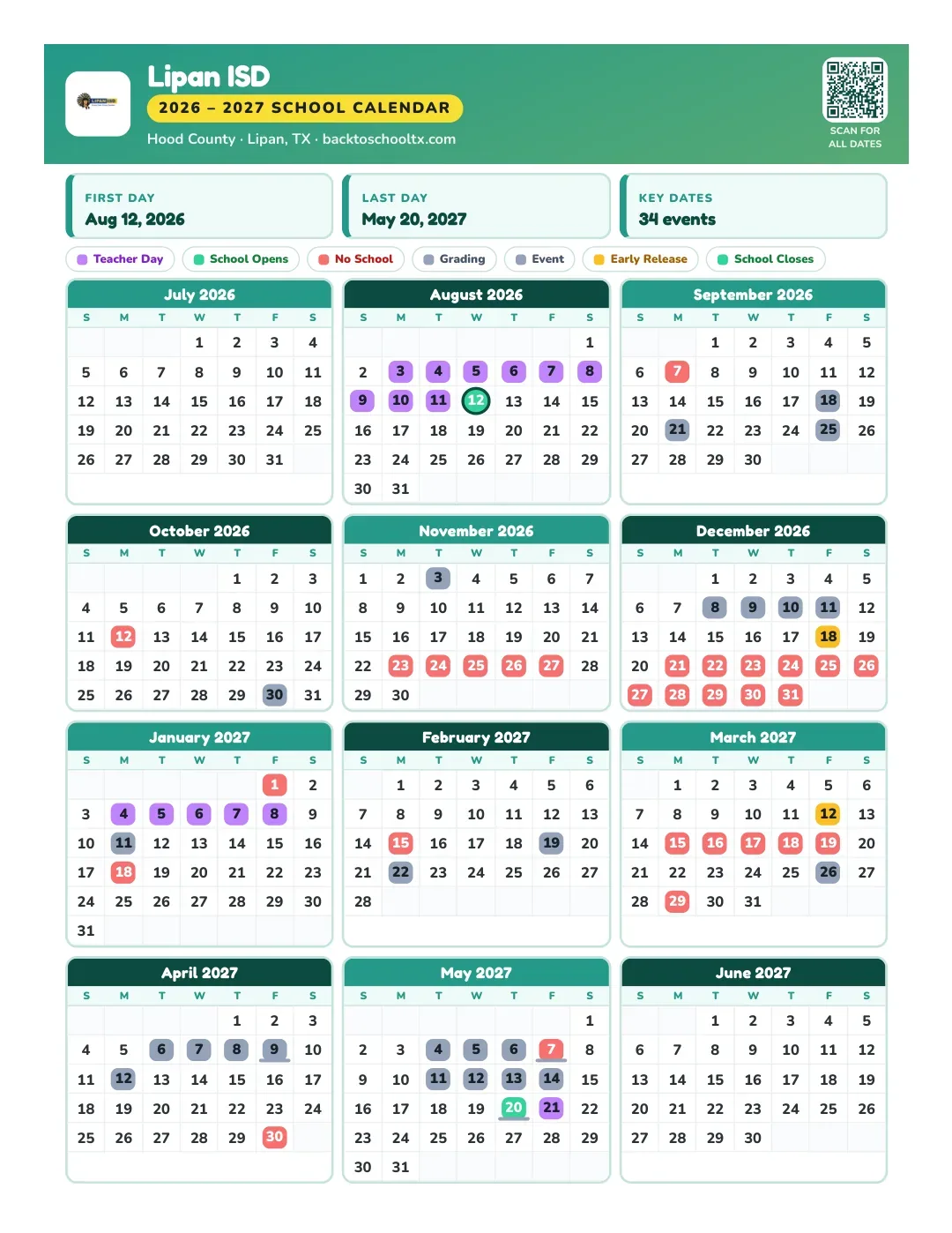 Lipan ISD Calendar for the Year 26-27