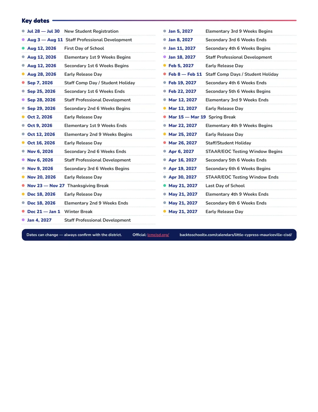 Little Cypress-mauriceville CISD Calendar for the Year 26-27 — key dates