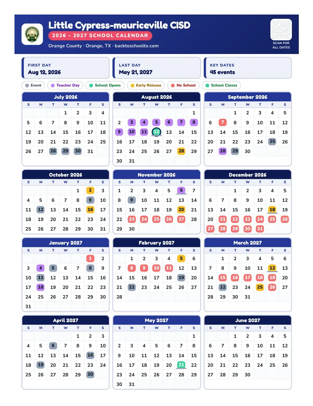 Little Cypress-mauriceville CISD Calendar for the Year 26-27