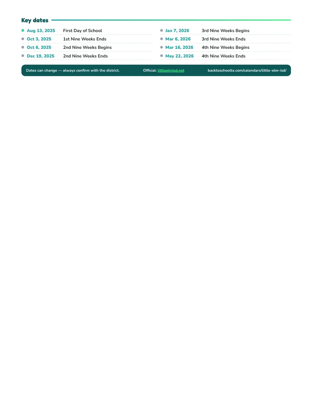 Little Elm ISD Calendar for the Year 26-27 — key dates