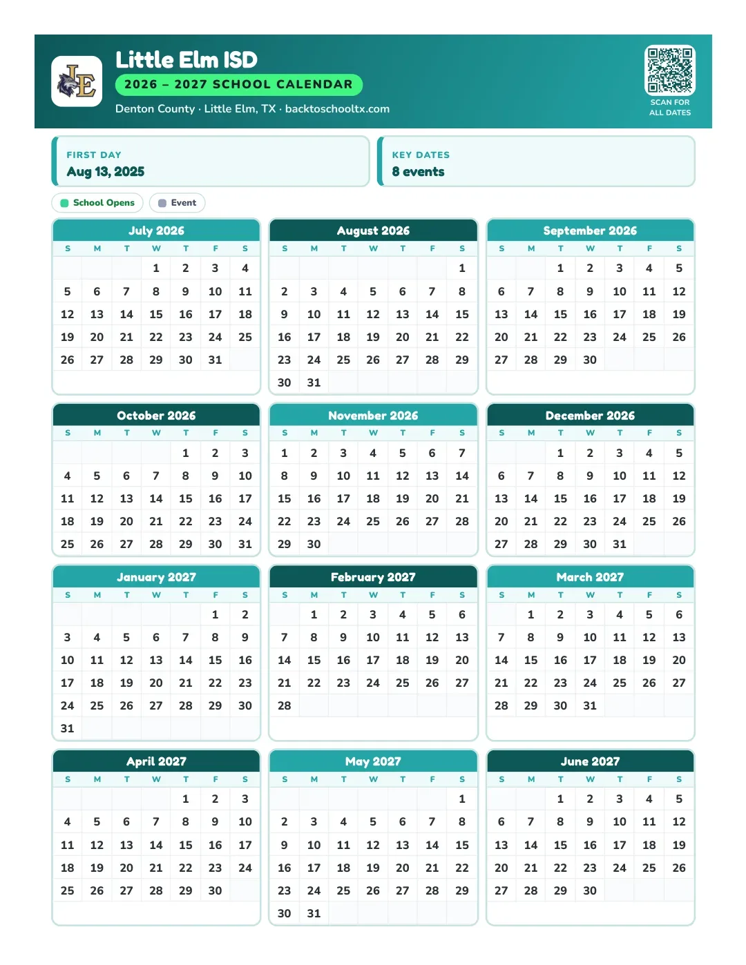 Little Elm ISD Calendar for the Year 26-27