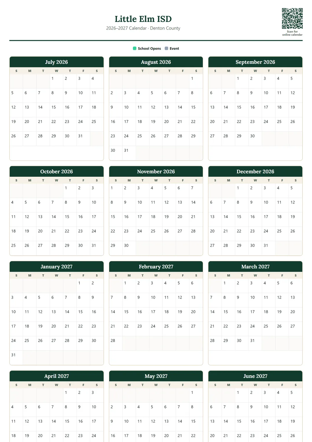 Little Elm ISD printable 2026–2027 calendar