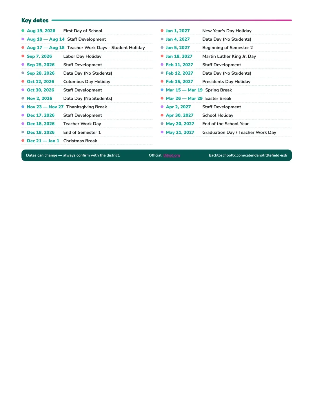Littlefield ISD Calendar for the Year 26-27 — key dates