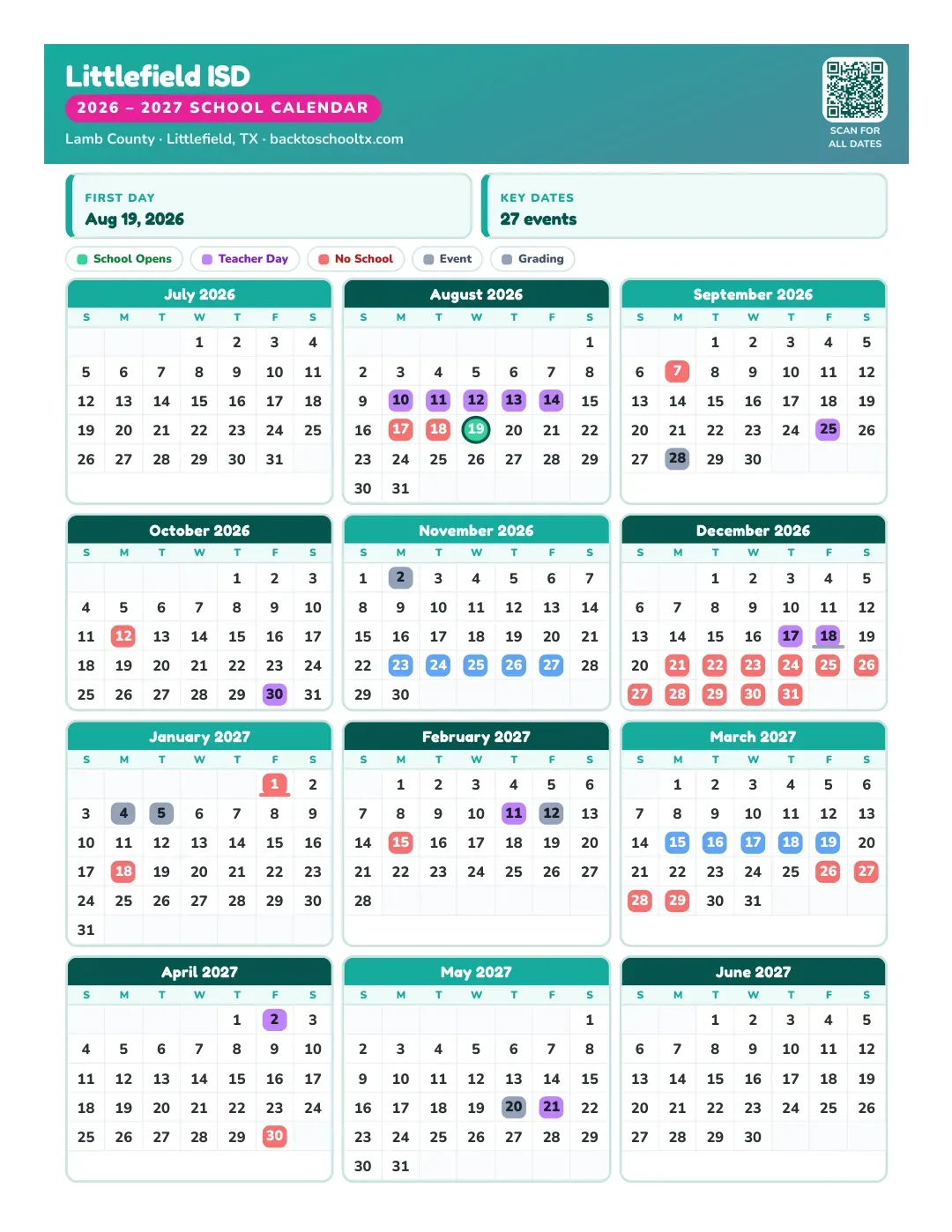 Littlefield ISD Calendar for the Year 26-27