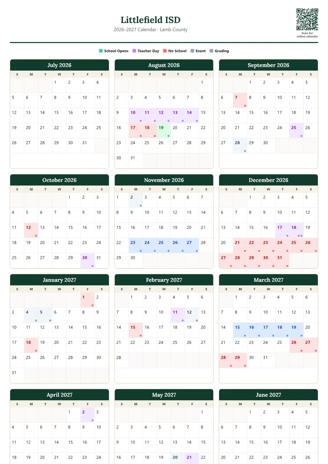 Littlefield ISD printable 2026–2027 calendar