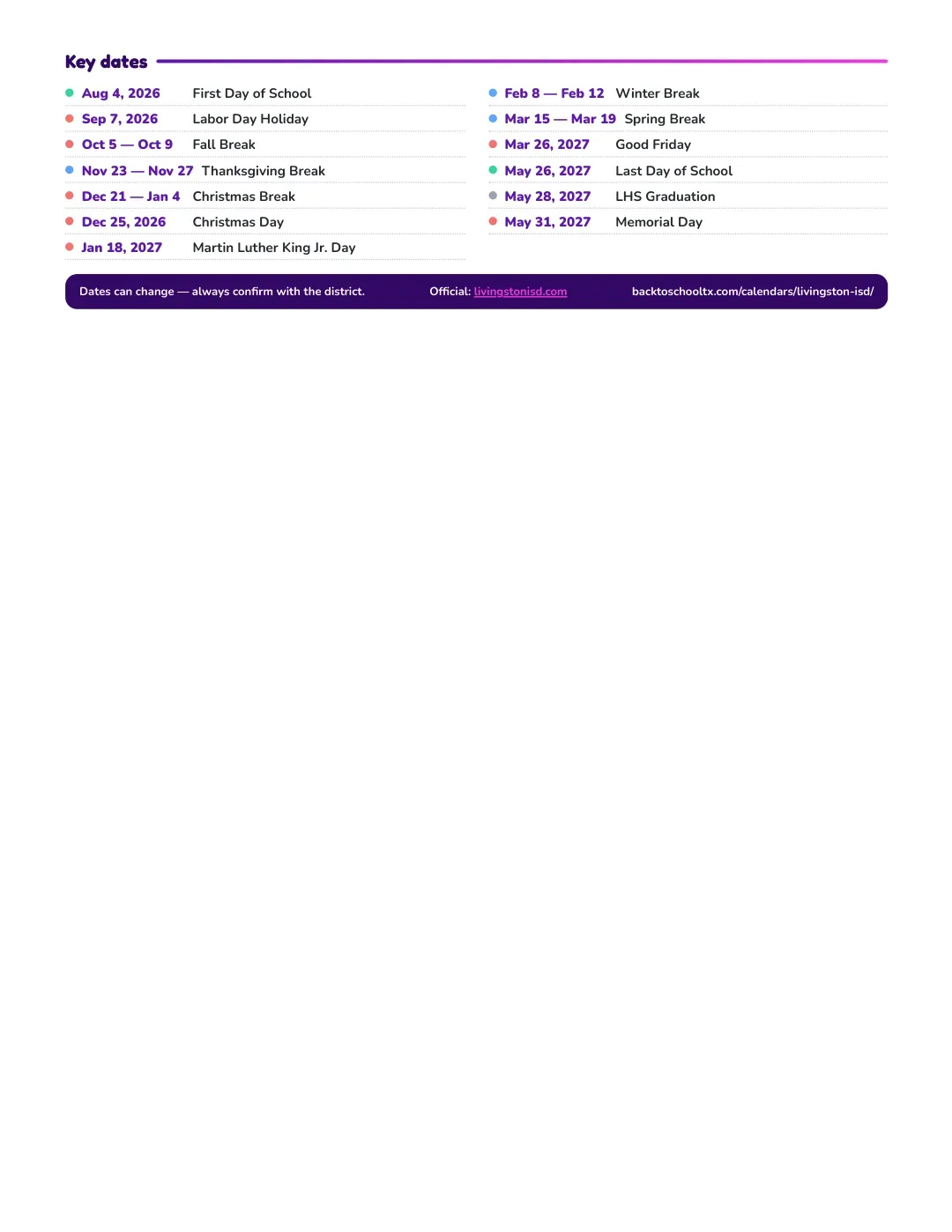 Livingston ISD Calendar for the Year 26-27 — key dates