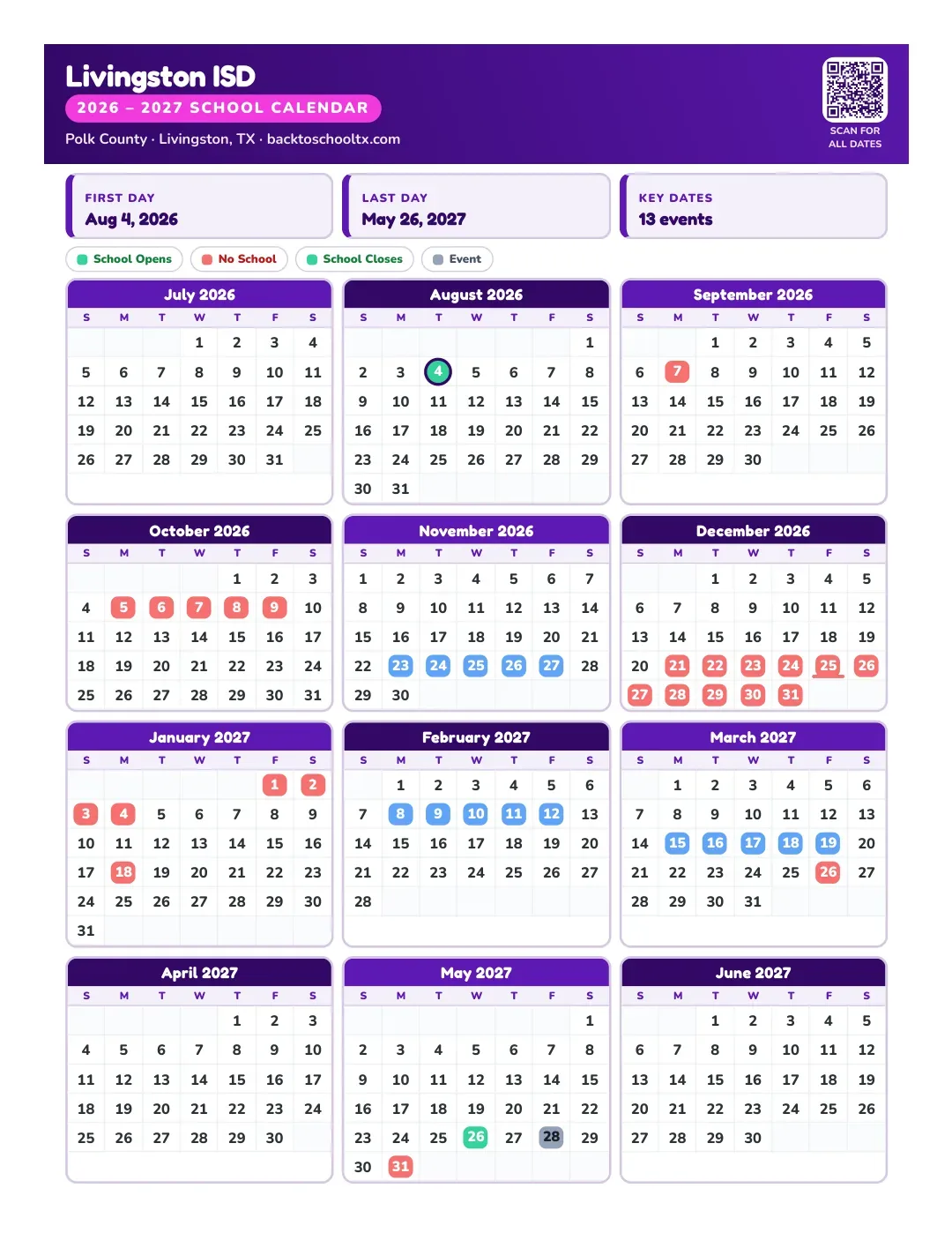 Livingston ISD Calendar for the Year 26-27