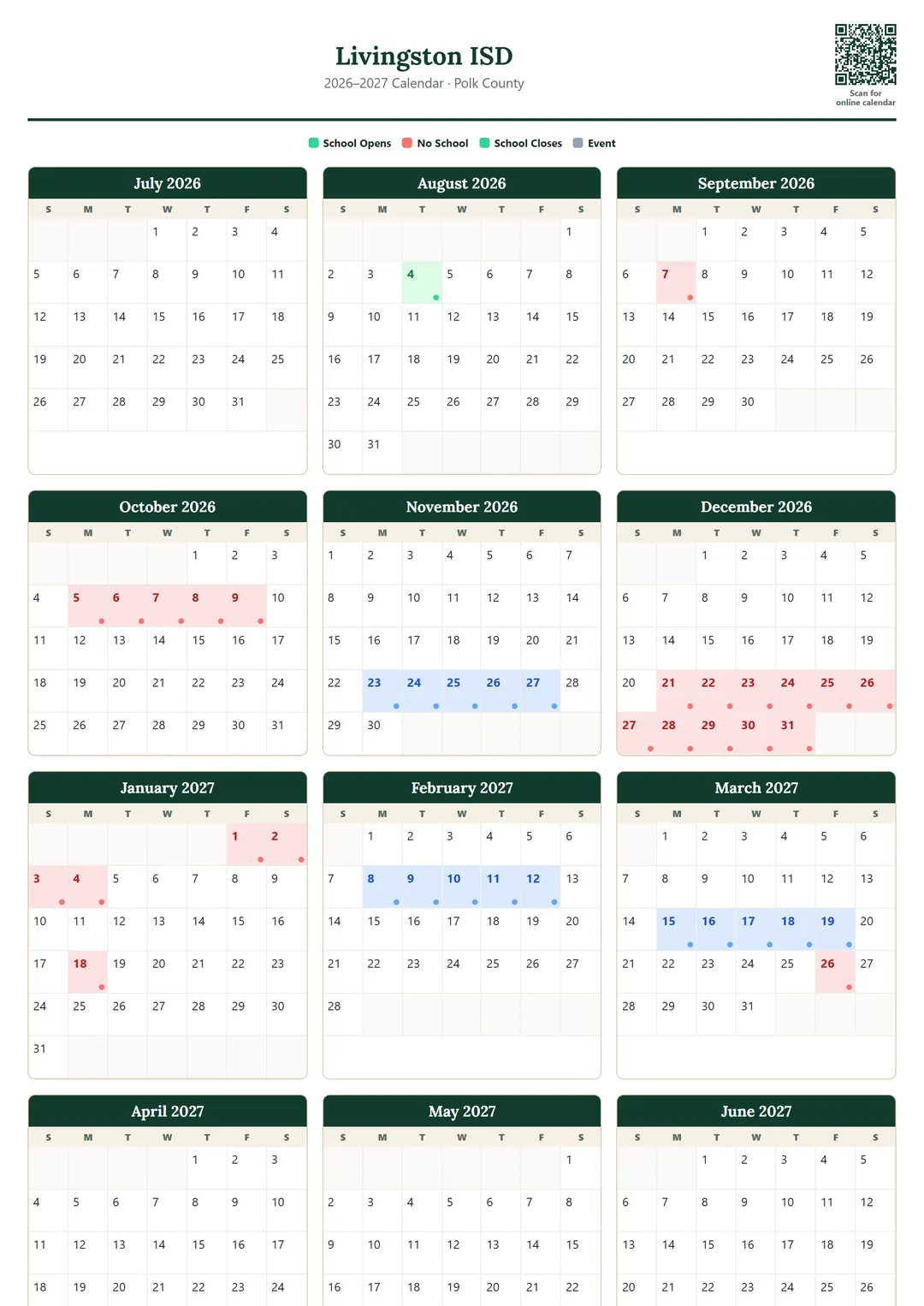 Livingston ISD printable 2026–2027 calendar