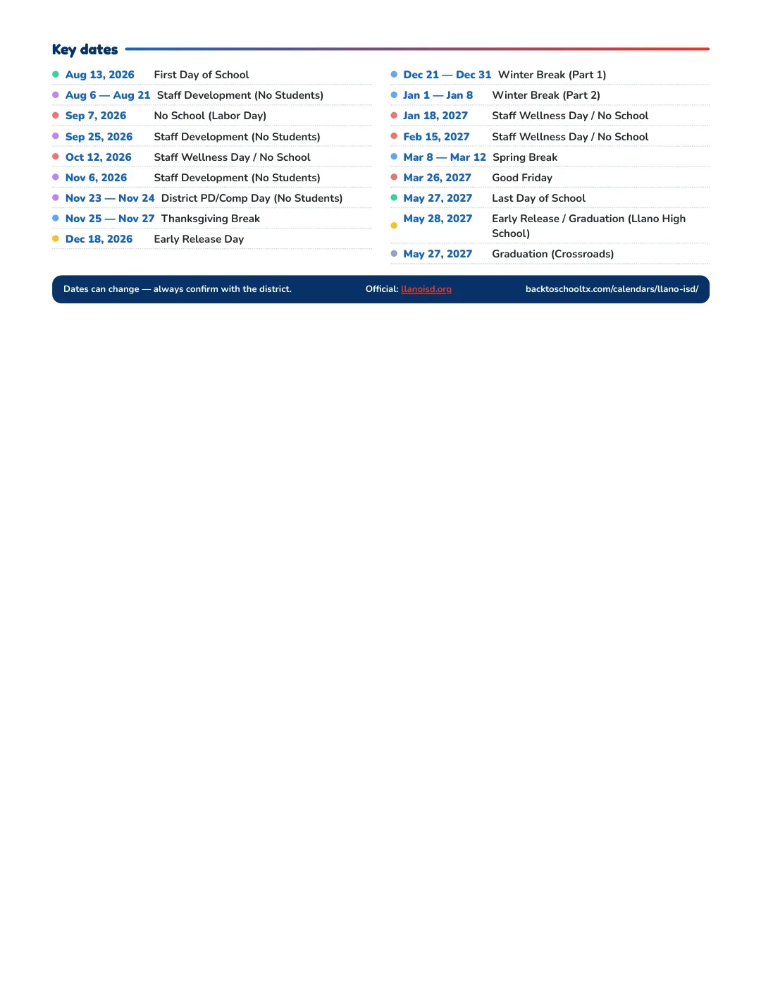 Llano ISD Calendar for the Year 26-27 — key dates