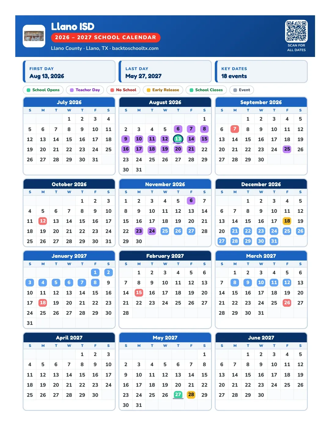 Llano ISD Calendar for the Year 26-27