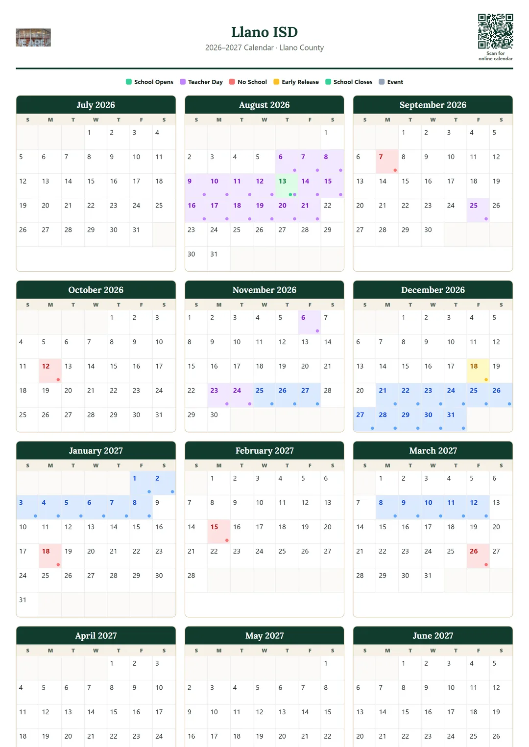 Llano ISD printable 2026–2027 calendar