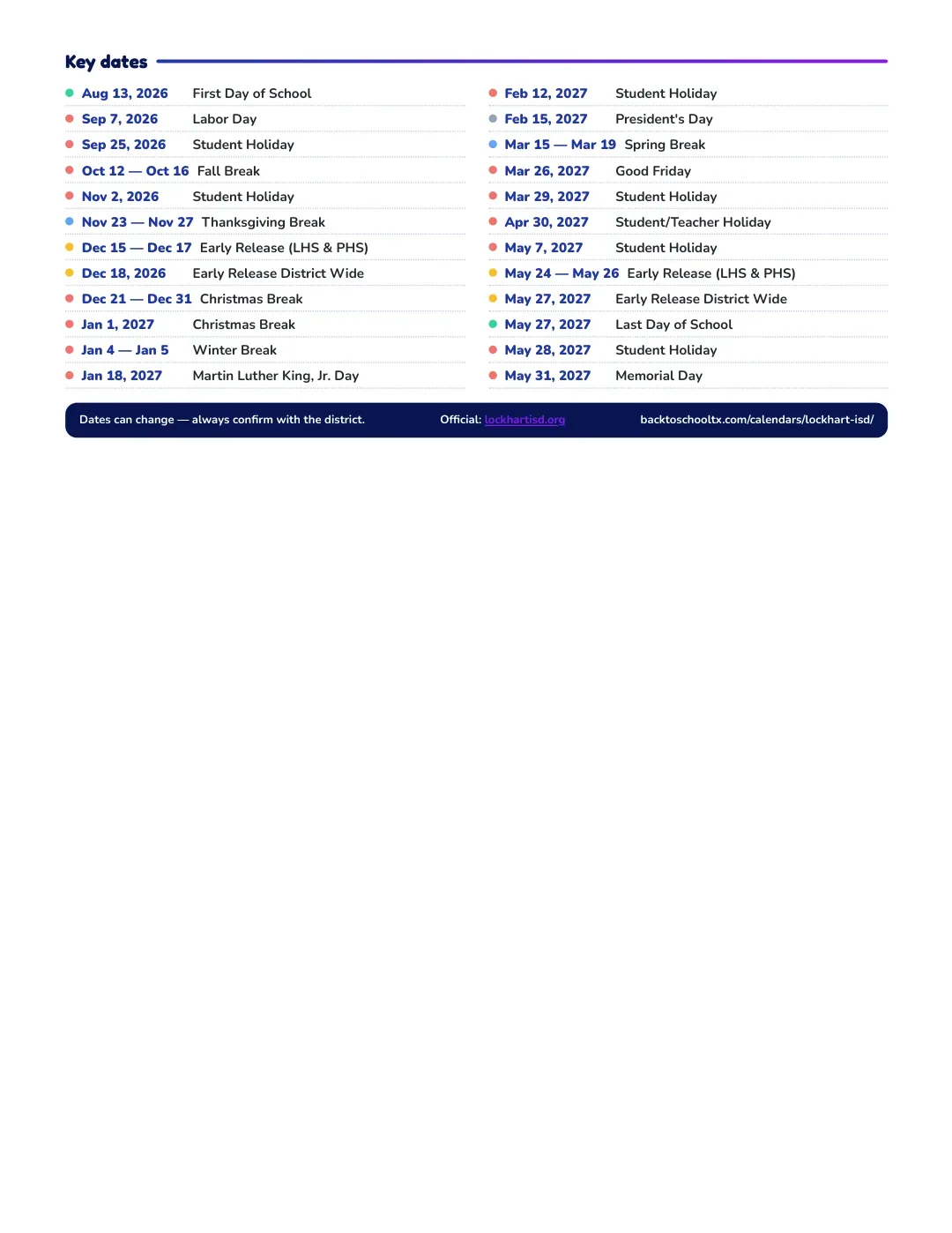 Lockhart ISD Calendar for the Year 26-27 — key dates