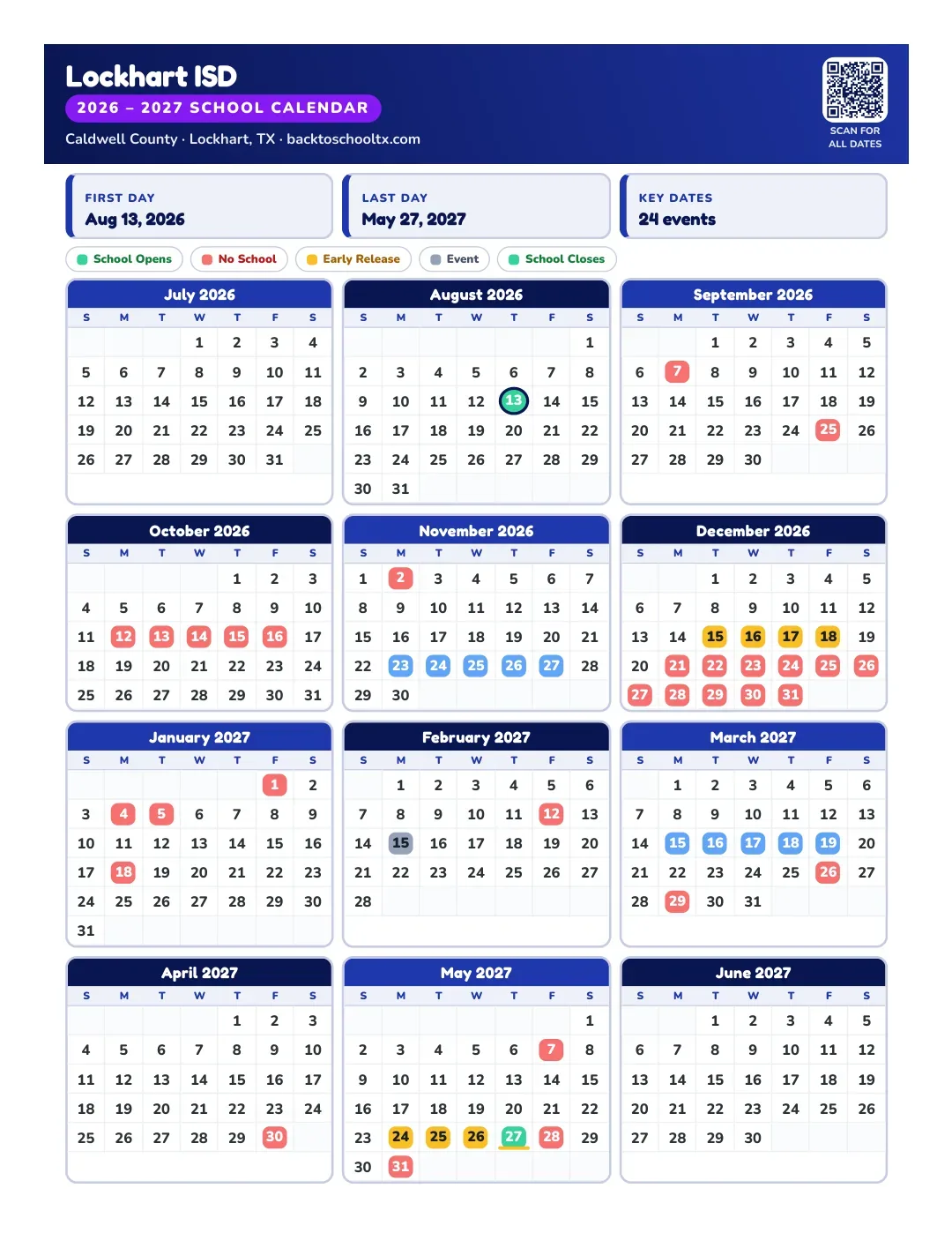 Lockhart ISD Calendar for the Year 26-27