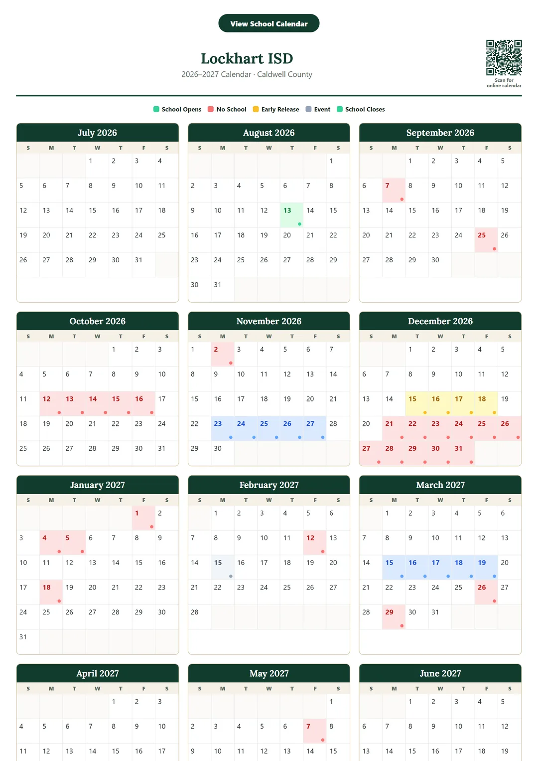 Lockhart ISD printable 2026–2027 calendar