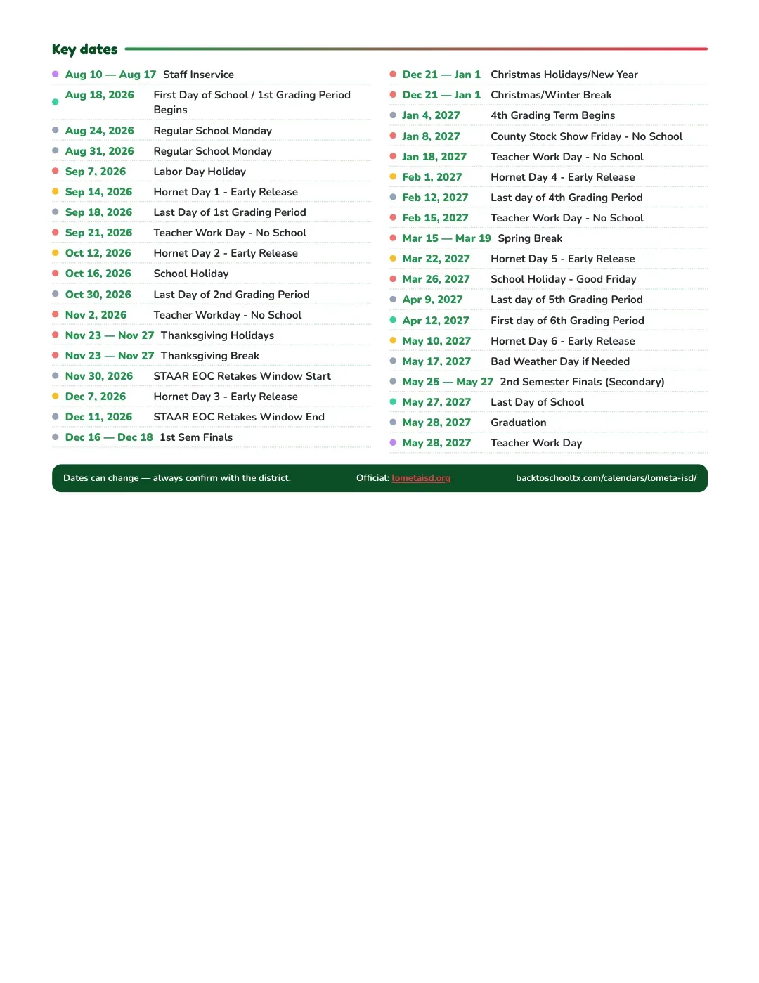 Lometa ISD Calendar for the Year 26-27 — key dates