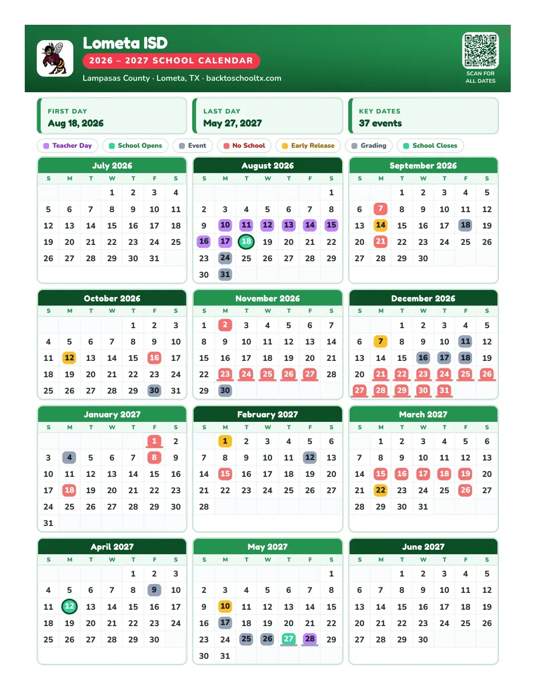 Lometa ISD Calendar for the Year 26-27