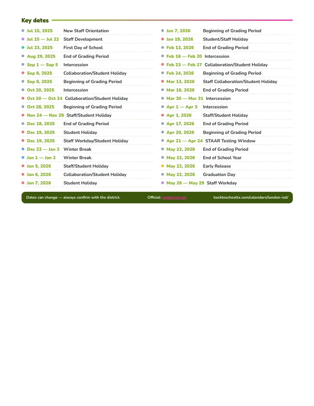 London ISD Calendar for the Year 26-27 — key dates