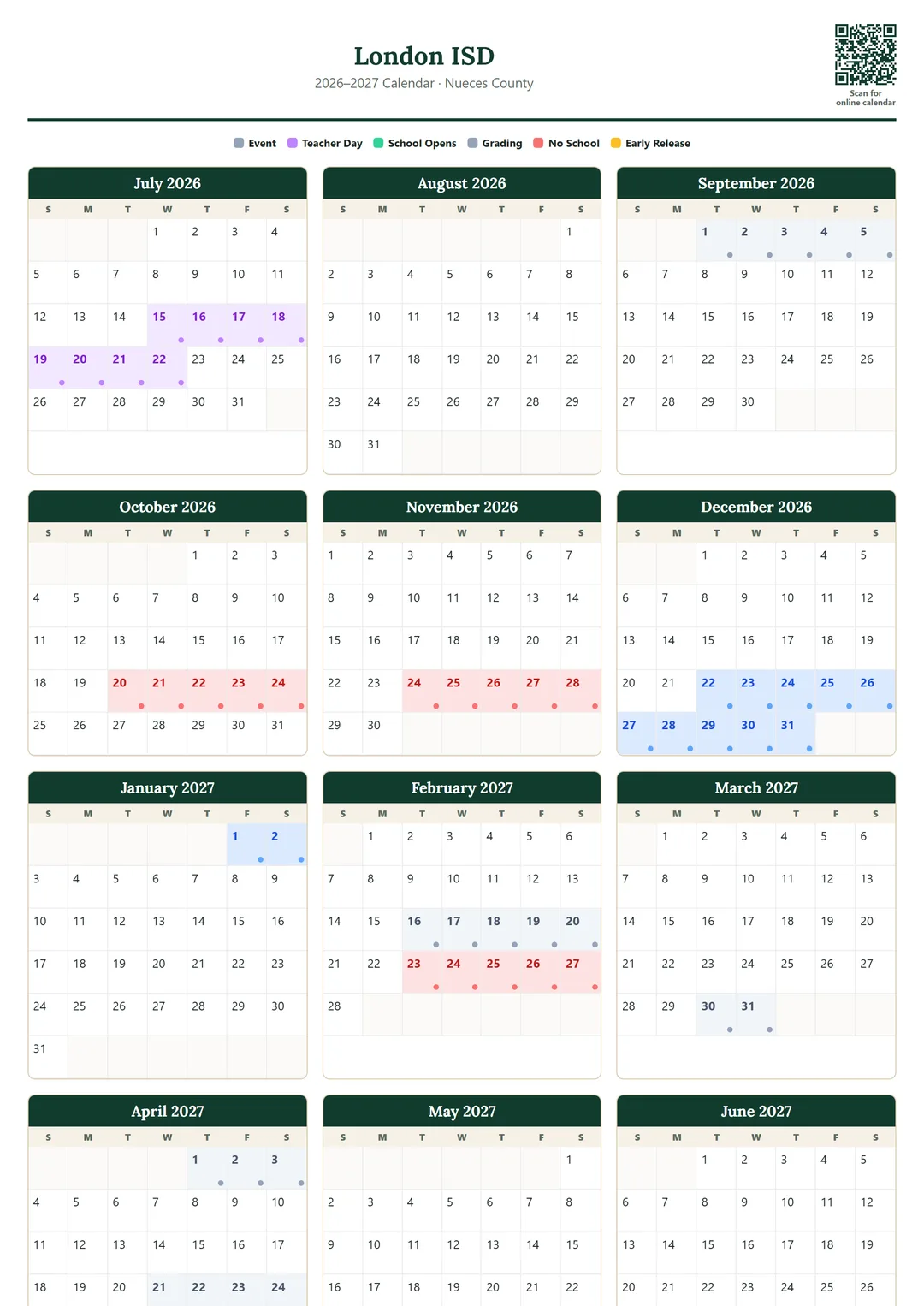 London ISD printable 2026–2027 calendar