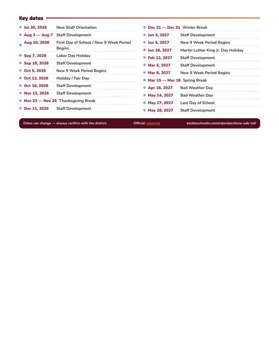 Lone Oak ISD Calendar for the Year 26-27 — key dates