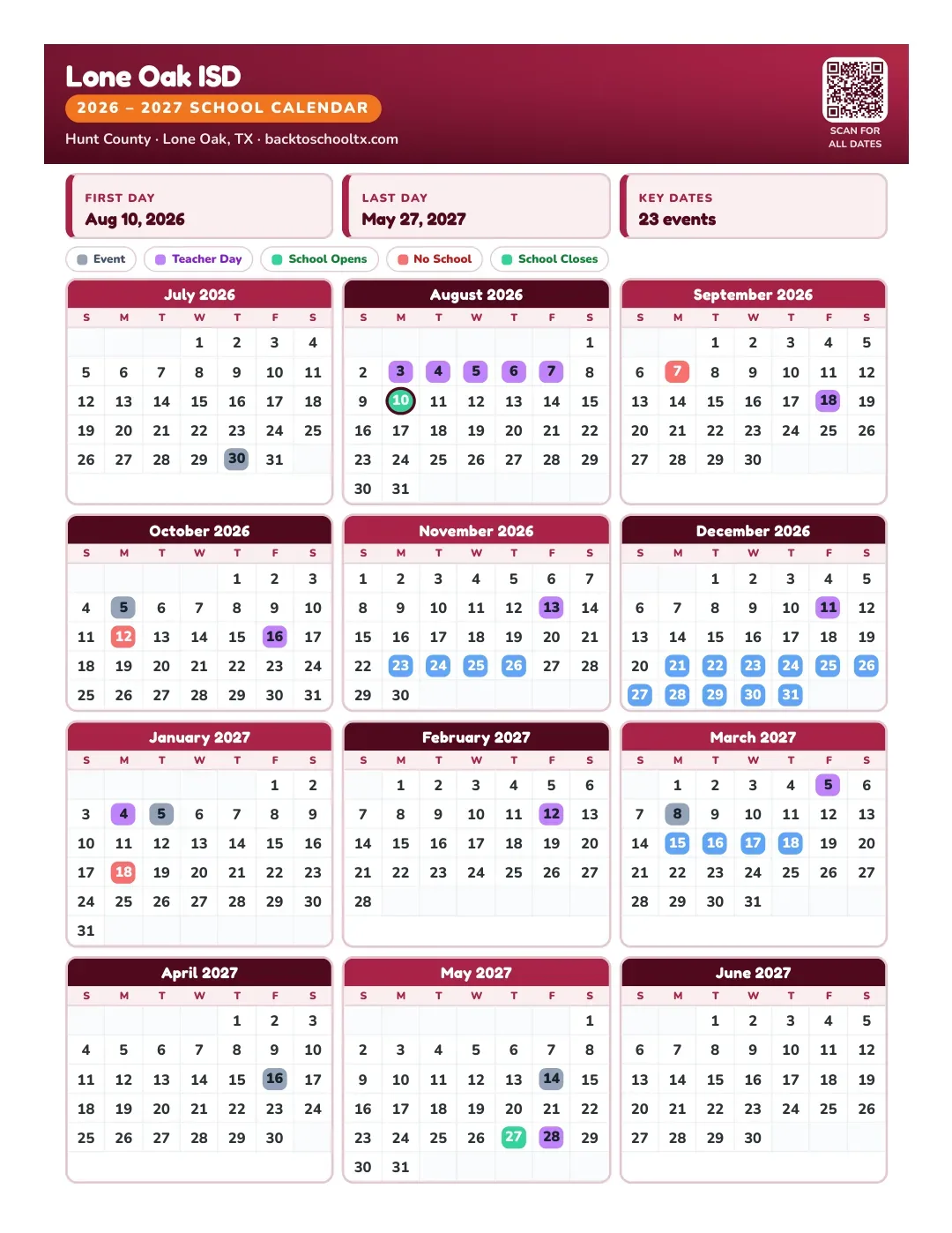 Lone Oak ISD Calendar for the Year 26-27