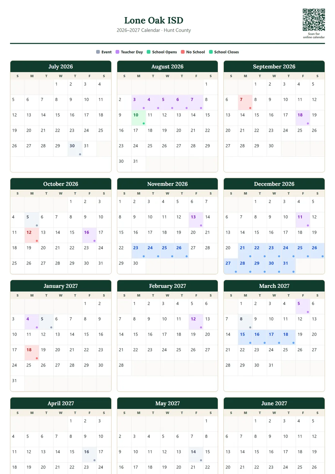 Lone Oak ISD printable 2026–2027 calendar