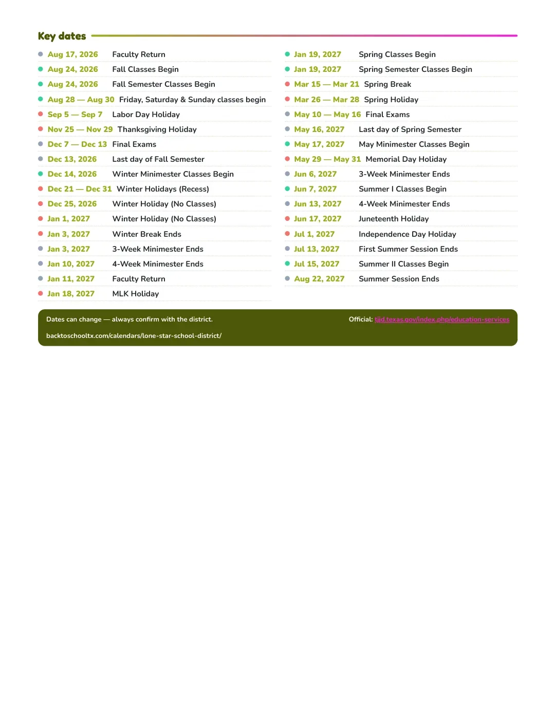 Lone Star School District Calendar for the Year 26-27 — key dates