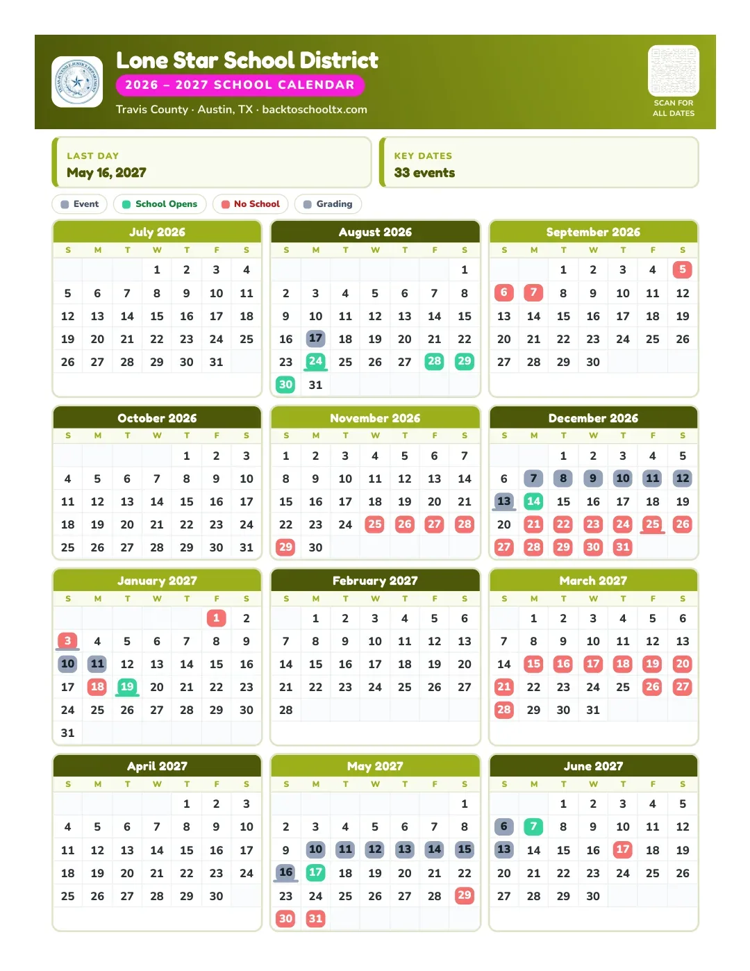 Lone Star School District Calendar for the Year 26-27