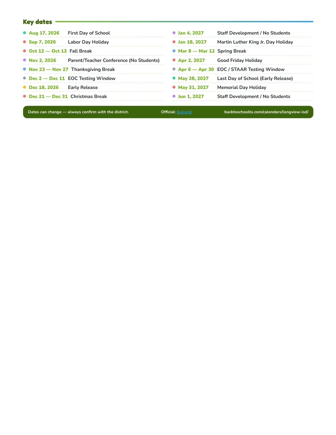 Longview ISD Calendar for the Year 26-27 — key dates