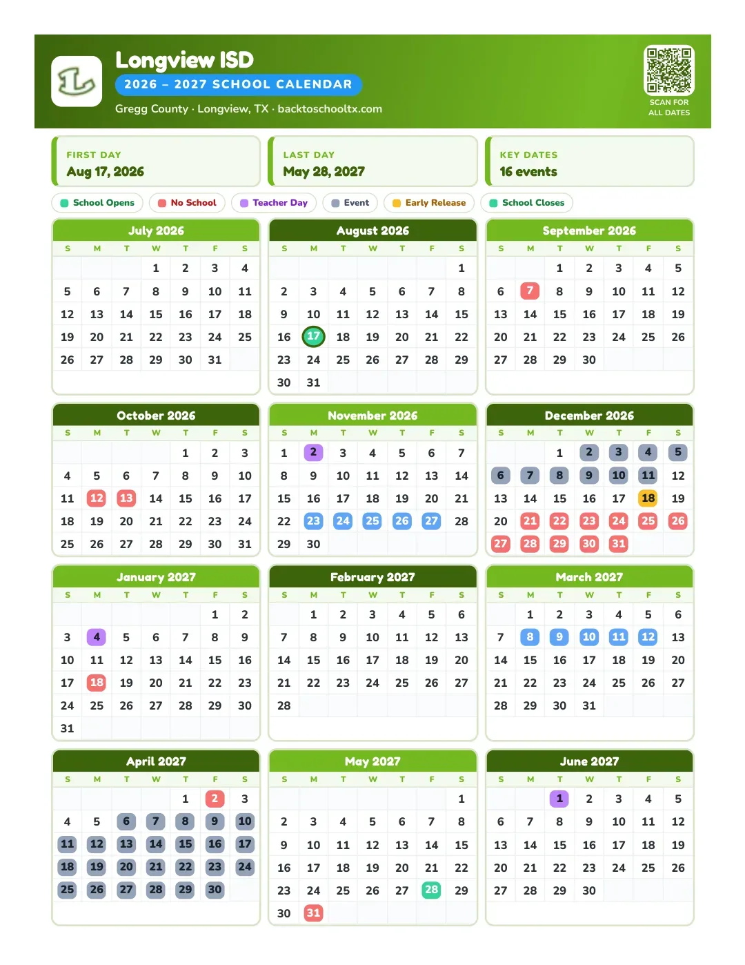 Longview ISD Calendar for the Year 26-27