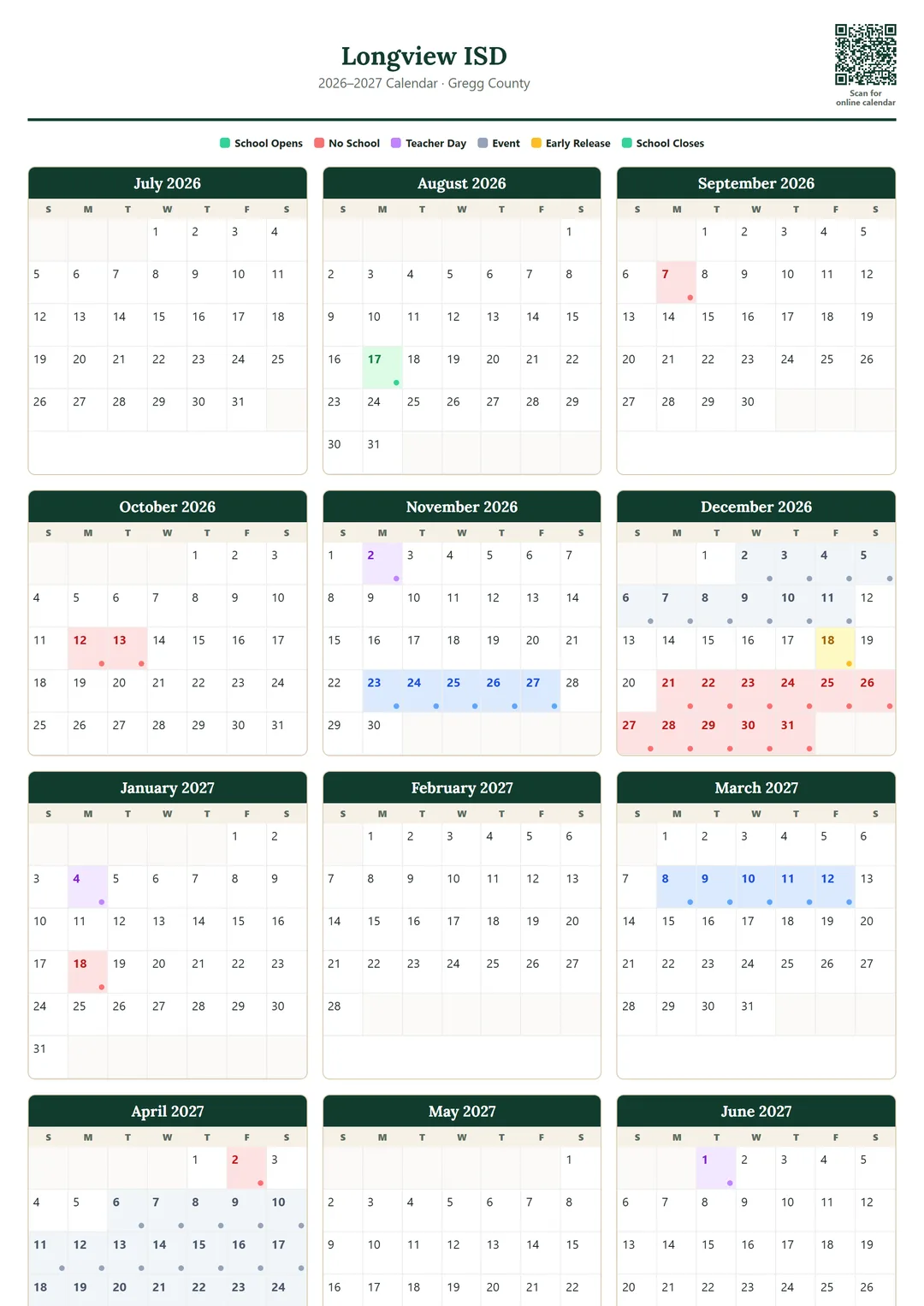 Longview ISD printable 2026–2027 calendar
