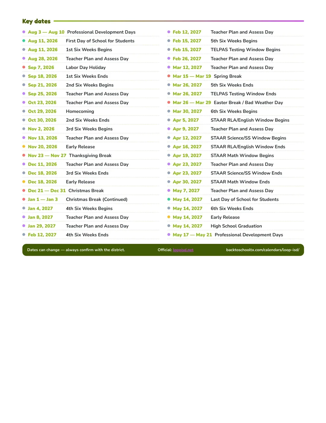 Loop ISD Calendar for the Year 26-27 — key dates