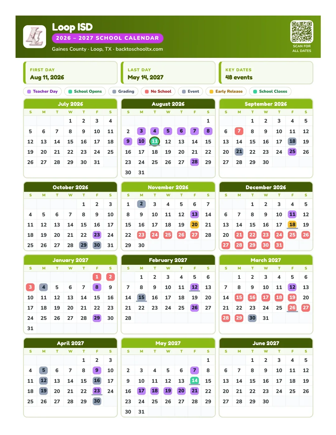 Loop ISD Calendar for the Year 26-27