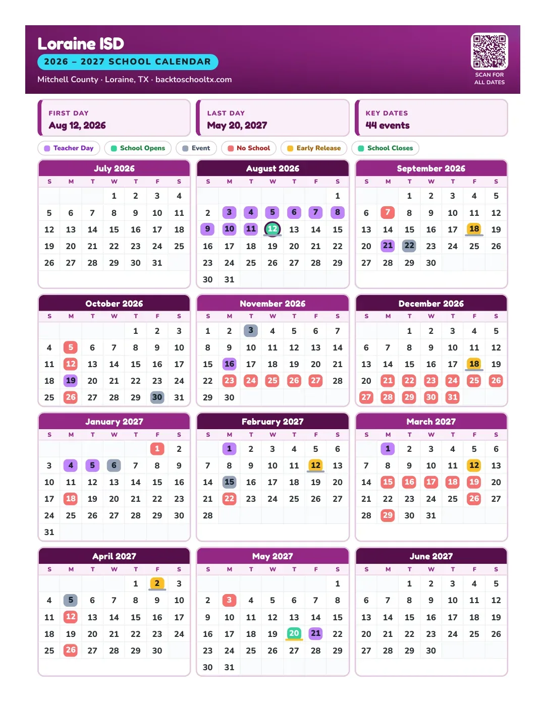 Loraine ISD Calendar for the Year 26-27
