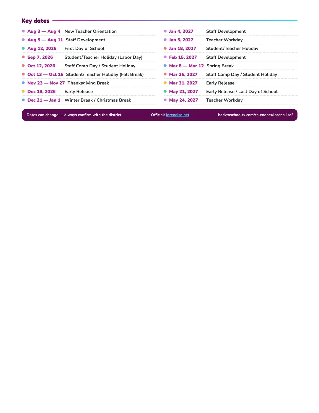 Lorena ISD Calendar for the Year 26-27 — key dates