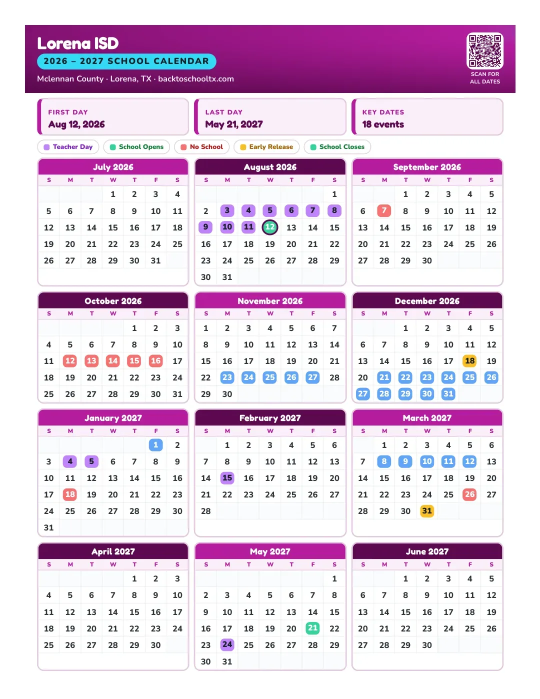 Lorena ISD Calendar for the Year 26-27