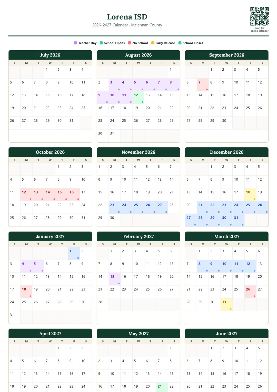 Lorena ISD printable 2026–2027 calendar