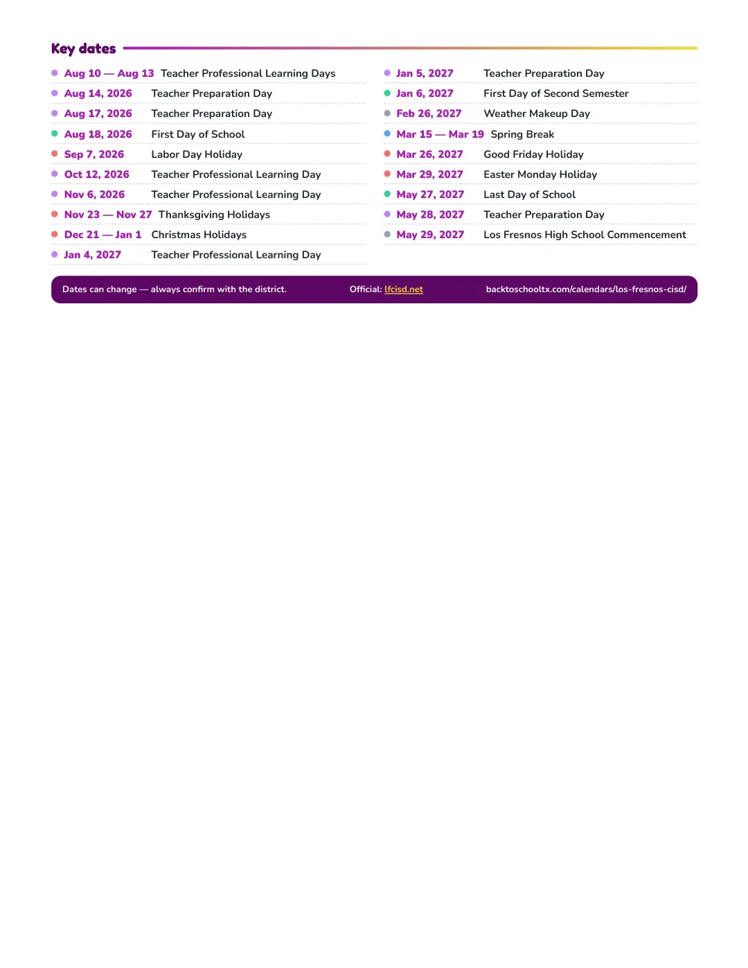 Los Fresnos CISD Calendar for the Year 26-27 — key dates