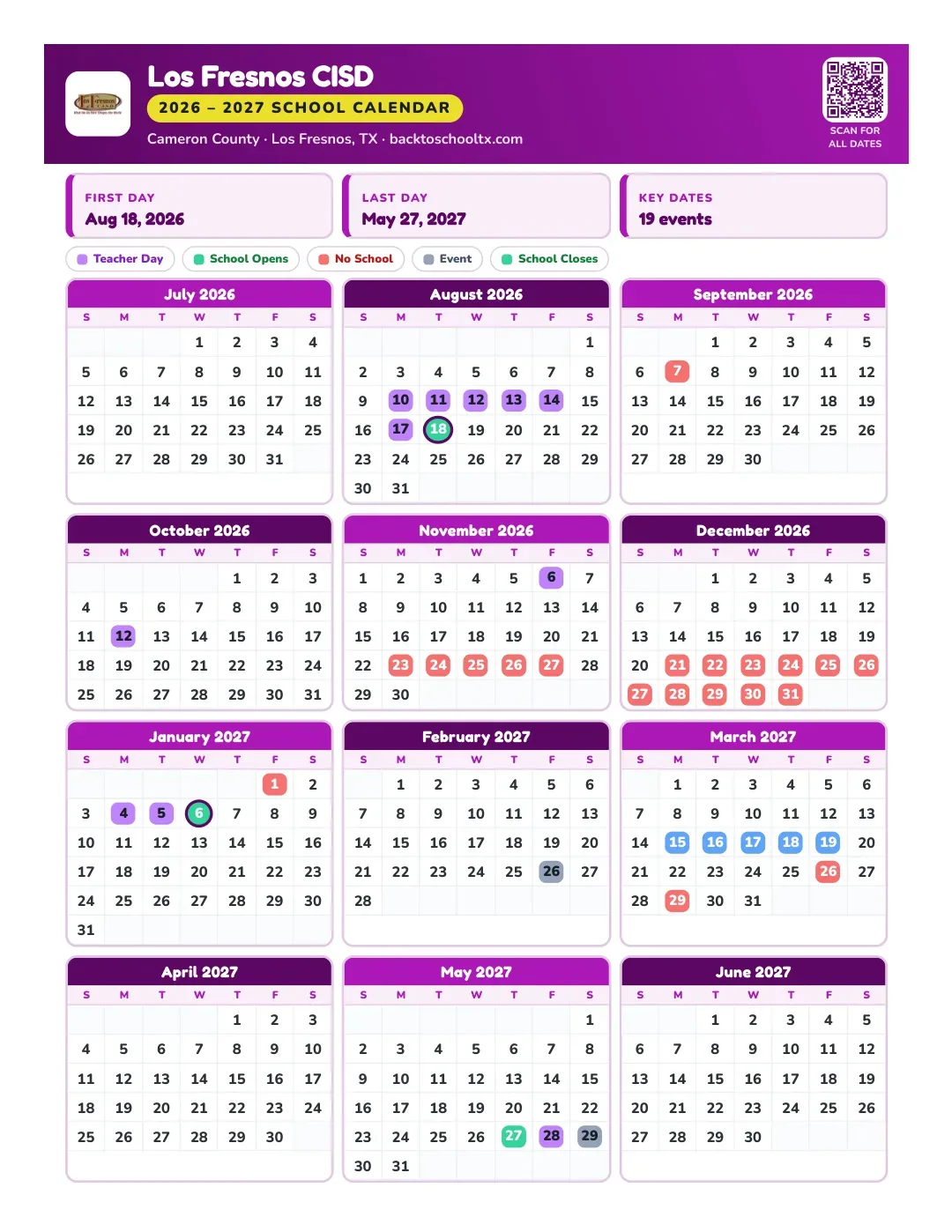 Los Fresnos CISD Calendar for the Year 26-27