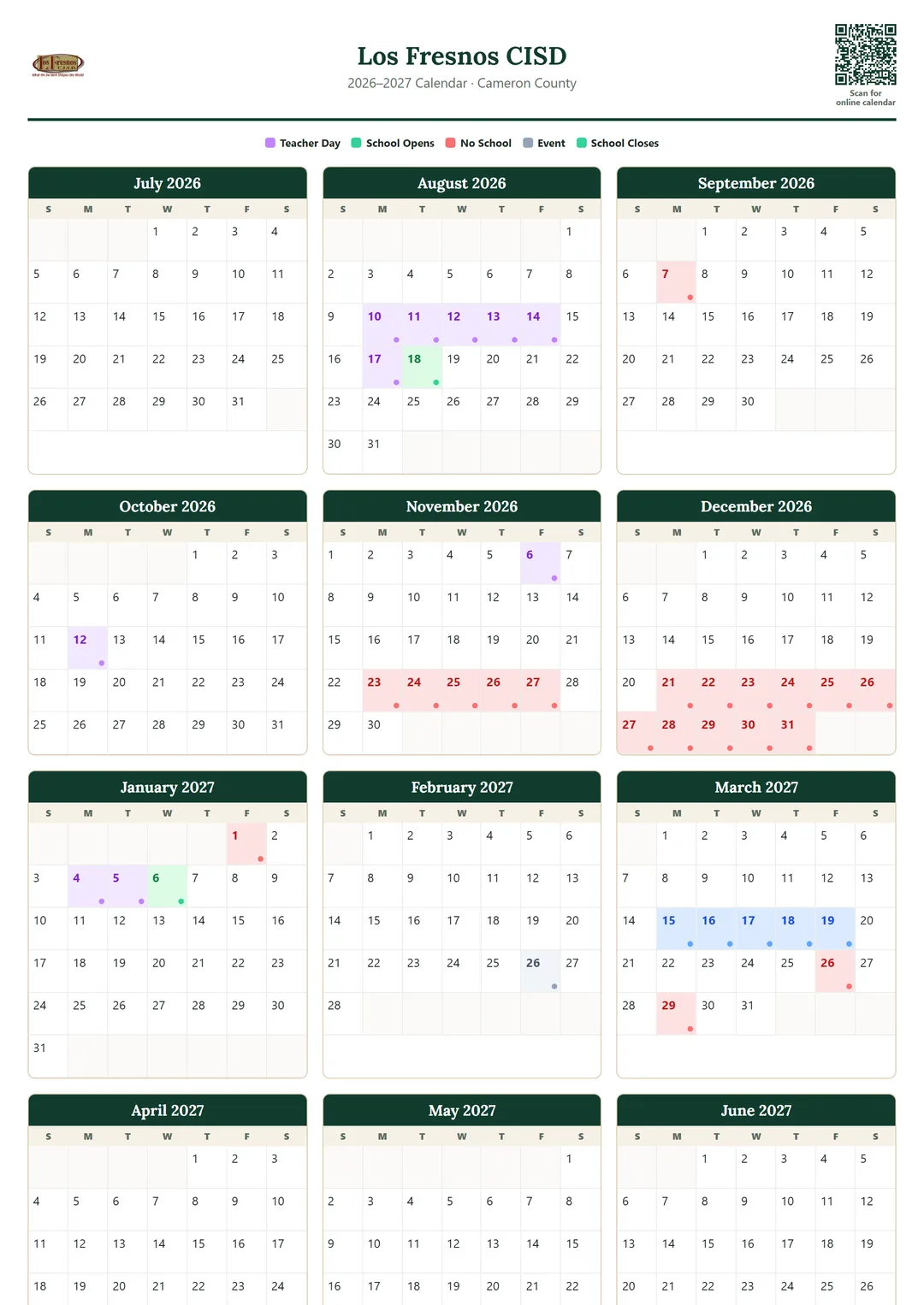 Los Fresnos CISD printable 2026–2027 calendar