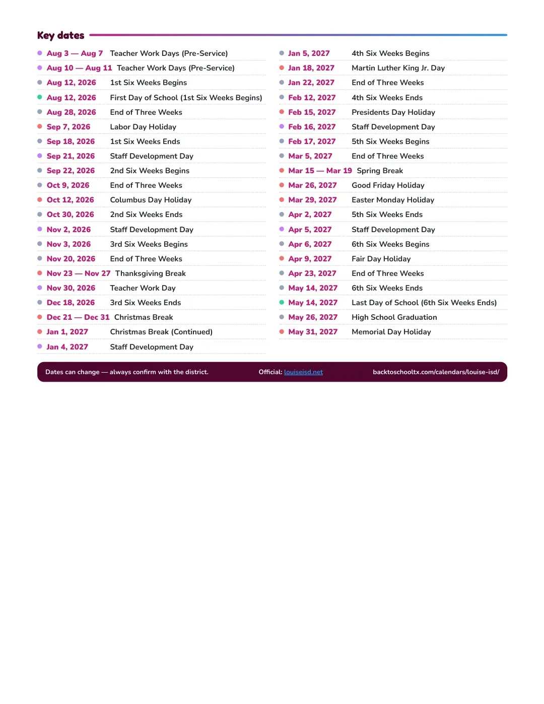 Louise ISD Calendar for the Year 26-27 — key dates