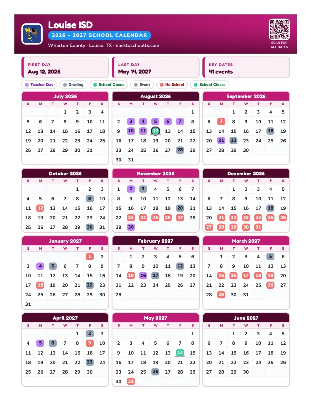 Louise ISD Calendar for the Year 26-27
