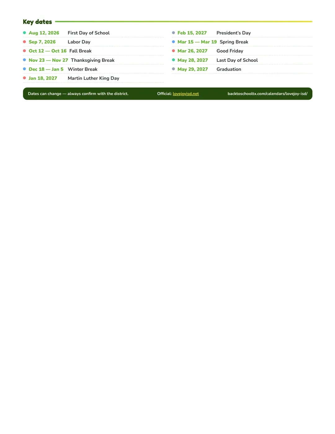 Lovejoy ISD Calendar for the Year 26-27 — key dates