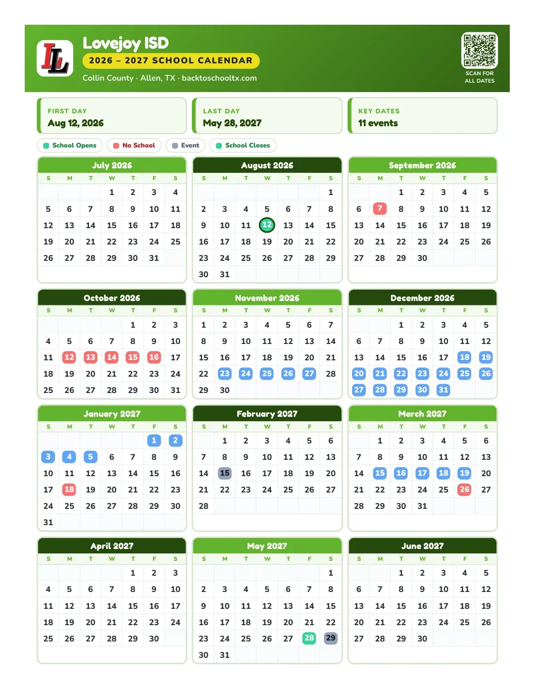 Lovejoy ISD Calendar for the Year 26-27