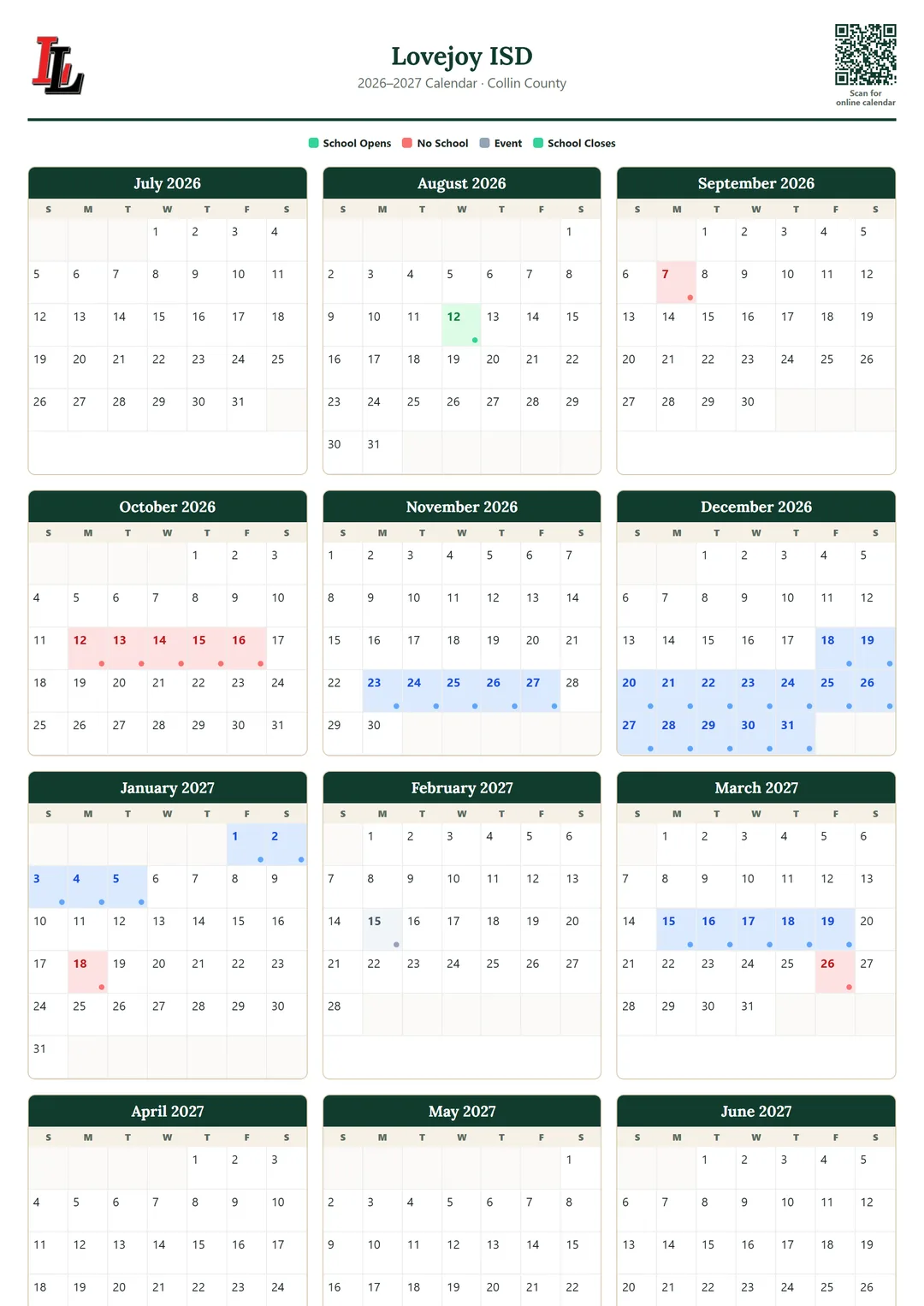 Lovejoy ISD printable 2026–2027 calendar